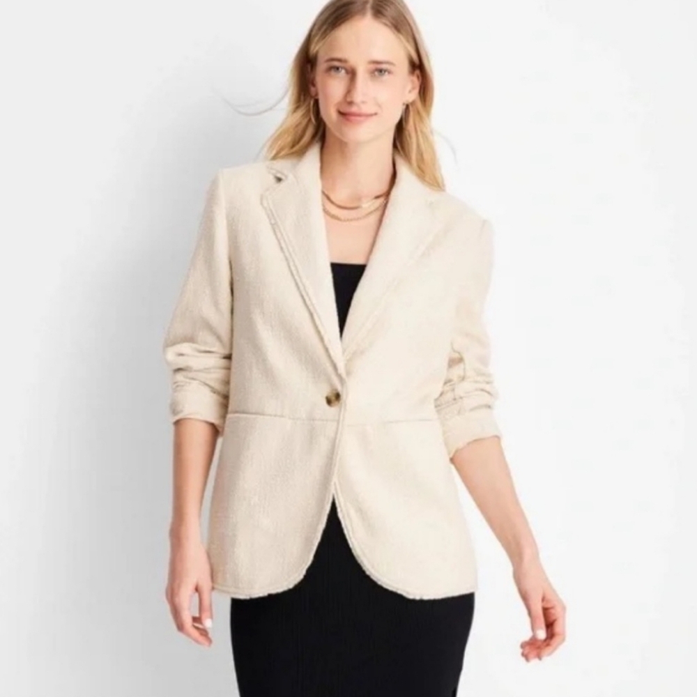 NWT Women's Cream Future Collective Cream Boucle Frayed Edge Blazer